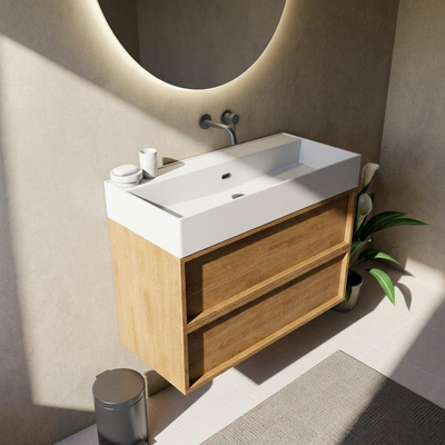 Saniclass Holz Frame Ensemble meuble de salle de bains - 100x45x72cm - Legend lavabo en céramique blanc mat - 1 vasque - sans trou de robinetterie - 2 tiroirs - chêne natural mat (bois)