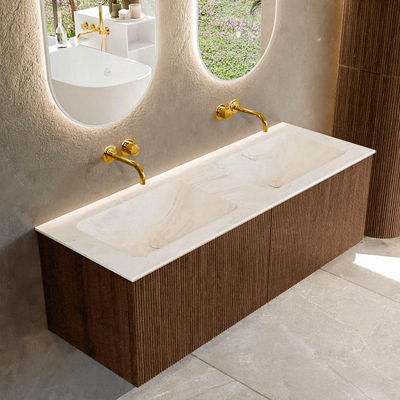 MONDIAZ KURVE-DLUX 130cm badmeubel kleur Walnut met 2 lades. Wastafel LEAF dubbel zonder kraangat kleur Ostra.