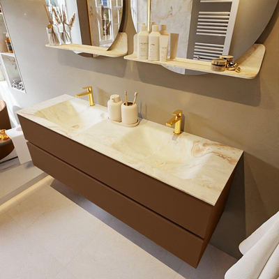 MONDIAZ VICA-DLUX Ensemble meuble de salle de bains - 150cm - meuble bas rust- 2 tiroirs - lavabo encastré cloud double - 2 trous de robinet - version haute 60cm - frape