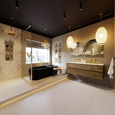 MONDIAZ VICA-DLUX Ensemble meuble de salle de bains - 150x50cm - 2 tiroirs - Chai - vasque encastrée CLOUD double - sans trou de robinet - Frappe