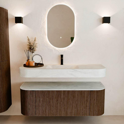 MONDIAZ THOR-DLUX 130cm badmeubel ronding links + rechts kleur Walnut met 1 lade en 2 deuren. Vrijhangende wastafel CLOUD Midden 1 kraangat kleur Opalo.