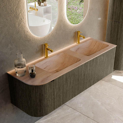 MONDIAZ KURVE-DLUX meuble de salle de bains 145 cm arrondi à gauche couleur Shadow avec 1 tiroir et 1 porte. Plan-vasque LEAF double / à droite 2 trous de robinet Saba.