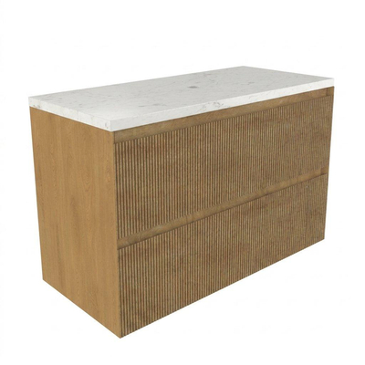 Saniclass Holz Atelier Ensemble meuble de salle de bains - 100x45x63cm - Plan vasque en marbre Dia poli (blanc) - sans trou de robinetterie - 2 tiroirs - chêne natural mat (bois)