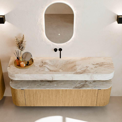 MONDIAZ THOR-DLUX Meuble de salle de bains - 170cm - arrondi gauche + droite - couleur Oak - 1 tiroir - 2 portes - Vasque suspendue CLOUD Milieu sans trou de robinet - couleur Frappe