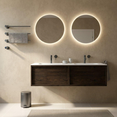 Saniclass Holz Frame Ensemble de meubles de salle de bains - 140x45x41.5cm - lavabo Flow en solid surface blanc - 2 vasques - 2 trous de robinetterie - 2 tiroirs - chêne charcoal mat (bois)