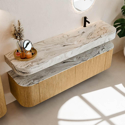 MONDIAZ THOR-DLUX 180cm badmeubel ronding links + rechts kleur Oak met 2 lades en 2 deuren. Vrijhangende wastafel CLOUD Rechts 1 kraangat kleur Glace.