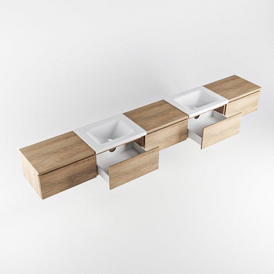 MONDIAZ BUKLA 300cm badmeubel met module 60 kleur Washed Oak met 5 lades. Wastafel CLOUD dubbel 2 kraangaten kleur Talc.