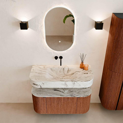 MONDIAZ THOR-DLUX 100cm meuble de salle de bains arrondi gauche + droite couleur Ruby avec 1 tiroir et 2 portes. Vasque suspendue CLOUD Milieu sans trou de robinet couleur Glace.