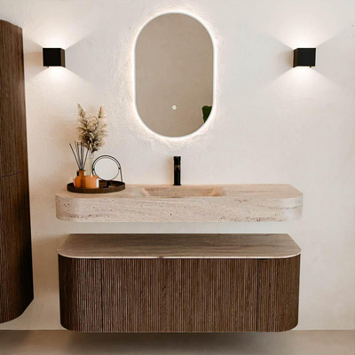 MONDIAZ THOR-DLUX 130cm badmeubel ronding links + rechts kleur Walnut met 1 lade en 2 deuren. Vrijhangende wastafel CLOUD Midden 1 kraangat kleur Saba.