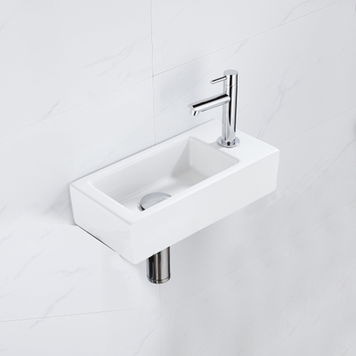 QeramiQ Lave-mains Kit lave-mains - 37.5x18.5x9cm - céramique - trou de robinet à droite - robinet lave-mains chrome - bonde de vidage - siphon abaissé - Mat blanc