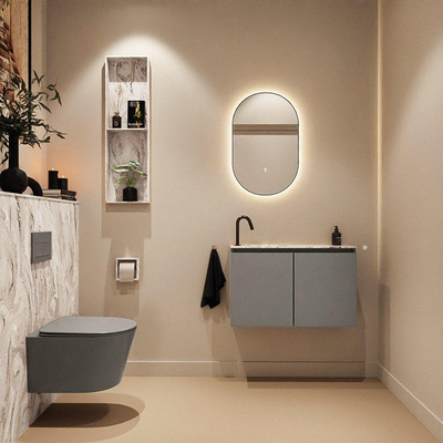 MONDIAZ TURE-DLUX Meuble toilette - 80cm - Smoke - EDEN - vasque Glace - position gauche - 1 trou de robinet