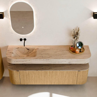 MONDIAZ THOR-DLUX 170cm badmeubel ronding links + rechts kleur Oak met 1 lade en 2 deuren. Vrijhangende wastafel CLOUD Links zonder kraangat kleur Arena.
