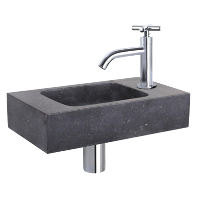 Differnz Force kit lave-mains - 40x22x9cm - Rectangulaire - 1 trou de robinet - Robinet chromé courbé - poignée croix - Pierre naturelle noire