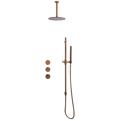 Fortifura Nebbio Ensemble de douche pluie - robinet encastré - élément encastré - barre de douche - flexible de douche en métal - douchette bâton - bras de plafond 20cm - douche de tête 30cm - cuivre brossé PVD