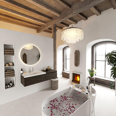 MONDIAZ BUKLA 140cm ensemble de meuble avec module 60 couleur Marron Foncé avec 2 tiroirs. Lavabo CLOUD à gauche 1 trou de robinet couleur Talc.