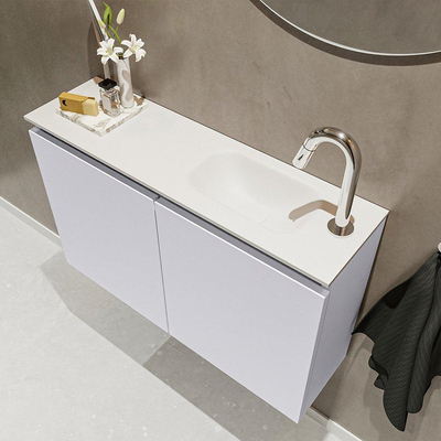 MONDIAZ TURE Kit lave-mains - 80x23x50cm - 1 trou de robinet - 2 portes - cale mat - Lavabo à droite - Solid Surface Blanc