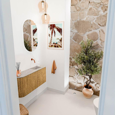 Mondiaz JOYA-DLUX 81.6cm toiletmeubel - ronding links kleur Oak - Wastafel FAYE positie Rechts Zonder kraangat kleur Glace.