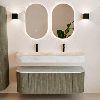 MONDIAZ THOR-DLUX Meuble de salle de bains 130cm arrondi gauche + droite couleur Shadow avec 1 tiroir et 2 portes. Vasque suspendue CLOUD Double 2 trous de robinet couleur Opalo.