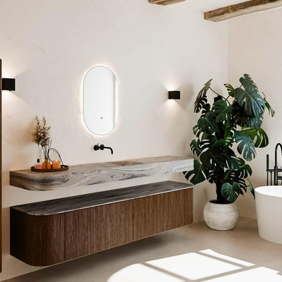 MONDIAZ THOR-DLUX 200cm meuble de salle de bains arrondi gauche + droite couleur Walnut avec 2 tiroirs et 2 portes. Vasque suspendue CLOUD Milieu sans trou de robinet couleur Sombra.