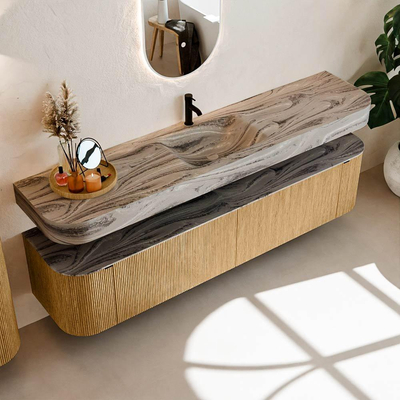 MONDIAZ THOR-DLUX Meuble de salle de bains 200cm arrondi gauche + droite couleur Oak avec 2 tiroirs et 2 portes. Vasque suspendue CLOUD Milieu 1 trou de robinet couleur Sombra.