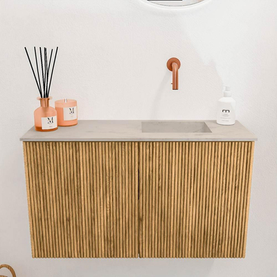 Mondiaz JOYA-DLUX 70cm toiletmeubel - kleur Oak - Wastafel FAYE positie Rechts Zonder kraangat kleur Opalo.