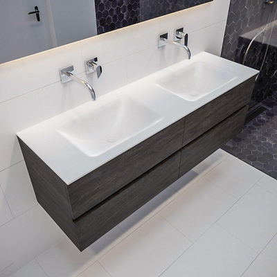 Mondiaz VICA ensemble de meuble de salle de bain - 150cm - meuble sous-vasque marron foncé - 4 tiroirs - lavabo CLOUD double sans trous de robinet - version XL 60cm de haut