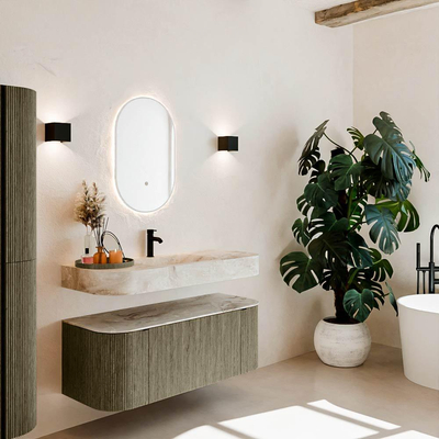 MONDIAZ THOR-DLUX 120cm meuble de salle de bains arrondi gauche + droite couleur Shadow avec 1 tiroir et 2 portes. Vasque suspendue CLOUD Milieu 1 trou de robinet couleur Frappe.