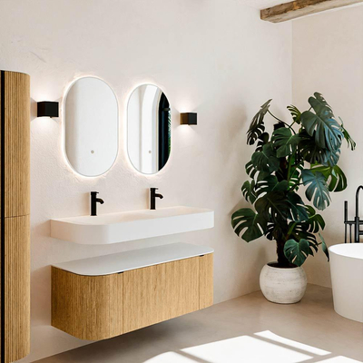 MONDIAZ THOR 120cm meuble de salle de bains arrondi gauche + droite couleur Oak avec 1 tiroir et 2 portes. Vasque suspendue CLOUD Double 2 trous de robinet couleur Talc.