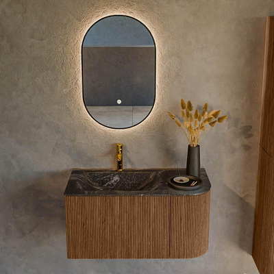 MONDIAZ KURVE-DLUX 85cm Meuble salle de bain avec module 25 D - couleur Walnut - 1 tiroir - 1 porte - vasque CLOUD gauche - 1 trou de robinet - couleur Lava