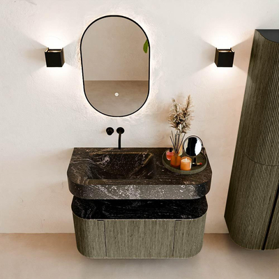 MONDIAZ THOR-DLUX Meuble de salle de bains - 100cm - arrondi gauche + droite - couleur Shadow - 1 tiroir et 2 portes - Vasque suspendue CLOUD Gauche sans trou de robinet - couleur Lava