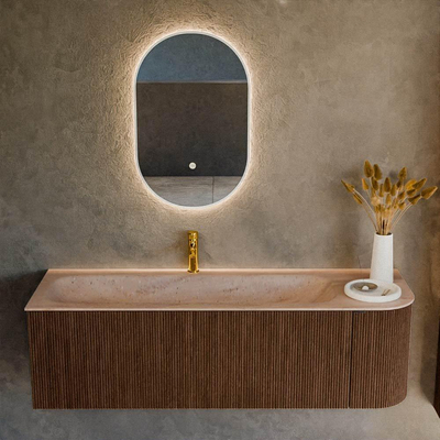 MONDIAZ KURVE-DLUX Meuble de salle de bains 145cm arrondi à droite couleur Walnut avec 1 tiroir et 1 porte. Lavabo BIG LARGE à gauche 1 trou de robinet Saba.