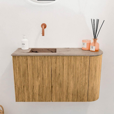 Mondiaz JOYA-DLUX 71.6cm toiletmeubel - ronding rechts kleur Oak - Wastafel FAYE positie Links Zonder kraangat kleur Arena.