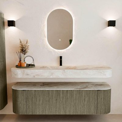 MONDIAZ THOR-DLUX 160cm meuble de salle de bains arrondi gauche + droite couleur Shadow avec 1 tiroir et 2 portes. Vasque suspendue CLOUD Milieu 1 trou de robinet couleur Frappe.