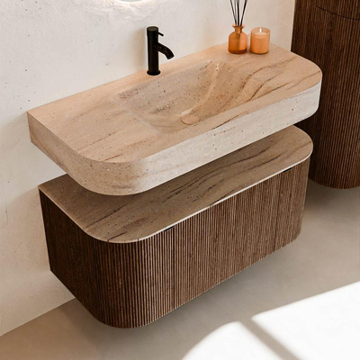 MONDIAZ THOR-DLUX 100cm badmeubel ronding links + rechts kleur Walnut met 1 lade en 2 deuren. Vrijhangende wastafel CLOUD Midden 1 kraangat kleur Saba.