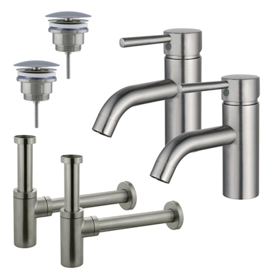 FugaFlow Eccelente Sobrado Kit robinet lavabo - pour double vasque - robinet bas - bonde non-obturable - siphon design - Inox brossé PVD