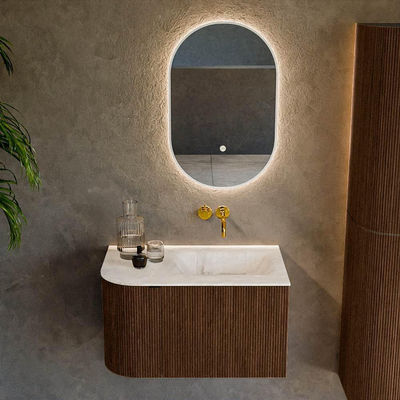 MONDIAZ KURVE-DLUX meuble de salle de bains 75cm avec module 25 L couleur Walnut avec 1 tiroir et 1 porte. Lavabo GRUNNE à droite sans trou de robinet couleur Frappe.