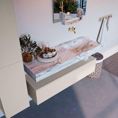 Mondiaz ALAN-DLUX Ensemble de meuble - 130cm - meuble Linen mat - 1 tiroir - Lavabo Cloud Glace suspendu - vasque Droite - 0 trous de robinet