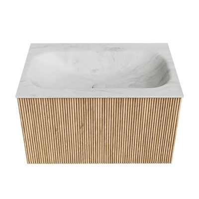 MONDIAZ KURVE-DLUX 70cm badmeubel kleur Oak met 1 lade. Wastafel BIG SMALL midden zonder kraangat kleur Opalo.