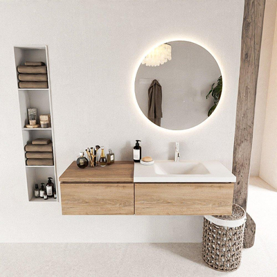 MONDIAZ BUKLA meuble de salle de bain 140 cm avec module 60 couleur Chêne blanchi avec 2 tiroirs. Lavabo CLOUD à droite 1 trou de robinet couleur Talc.