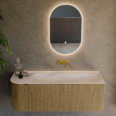 MONDIAZ KURVE-DLUX 125cm badmeubel ronding Links kleur Dusk met 1 lade en 1 deur. Wastafel BIG MEDIUM Rechts zonder kraangat Meli.