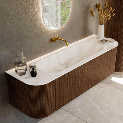 MONDIAZ KURVE-DLUX 150cm badmeubel met module 25 Len R kleur Walnut met 1 lade en 2 deuren. Wastafel BIG MEDIUM midden zonder kraangat kleur Frappe.