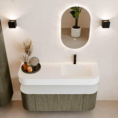 MONDIAZ THOR 130cm meuble de salle de bains arrondi gauche + droite couleur Shadow avec 1 tiroir et 2 portes. Vasque suspendue CLOUD droite 1 trou de robinet couleur Talc.