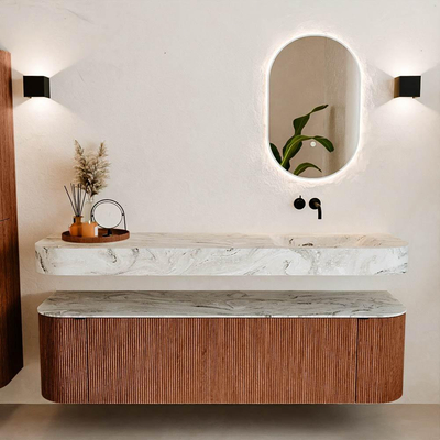 MONDIAZ THOR-DLUX 170cm meuble de salle de bains arrondi gauche + droite couleur Ruby avec 1 tiroir et 2 portes. Vasque suspendue CLOUD Droite sans trou de robinet couleur Glace.