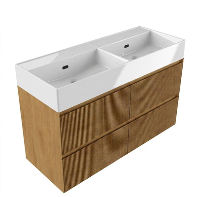 Saniclass Holz Atelier Ensemble de meubles de salle de bains - 120x45x72cm - Legend lavabo en céramique blanc - 2 vasques - sans trous de robinetterie - 2 tiroirs - chêne natural mat (bois)