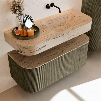 MONDIAZ THOR-DLUX Meuble de salle de bains 110cm arrondi gauche + droite couleur Shadow avec 1 tiroir et 2 portes. Vasque suspendue CLOUD Droite sans trou de robinet couleur Arena.