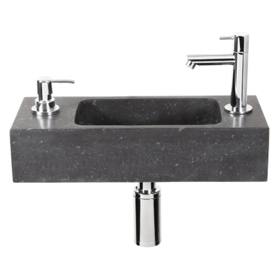Differnz Sapon fonteinset - 42x18.5x9cm - Rechthoek - 1 kraangat - Met sifon fontein en afvoerplug - Natuursteen Zwart - licht beschadigd - OUTLET UDEN