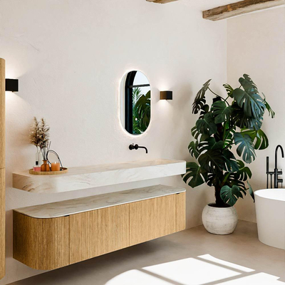 MONDIAZ THOR-DLUX 180cm meuble de salle de bains arrondi gauche + droite couleur Oak avec 2 tiroirs et 2 portes. Vasque suspendue CLOUD Droite sans trou de robinet couleur Ostra.