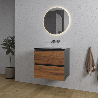 Adema Industrial 2.0 Badkamermeubelset - 60x45x55cm - 1 keramische wasbak zwart - zonder kraangat - ronde spiegel met verlichting - hout/zwart