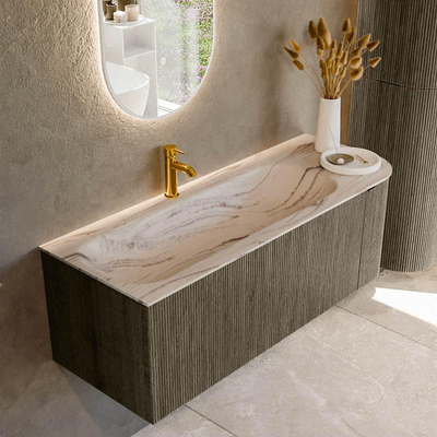 MONDIAZ KURVE-DLUX Meuble de salle de bains 125 cm arrondi à droite couleur Shadow avec 1 tiroir et 1 porte. Lavabo BIG MEDIUM à gauche 1 trou de robinet Nata.