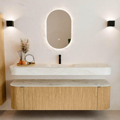 MONDIAZ THOR-DLUX Meuble de salle de bains - 170cm - arrondi gauche + droite - couleur Oak - 1 tiroir - 2 portes - Vasque suspendue CLOUD Milieu 1 trou de robinet - couleur Ostra
